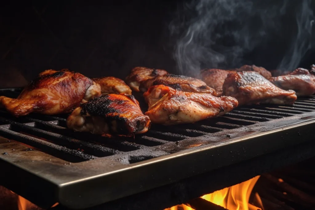 Pollo Asado cooking on an open-flame grill with glowing charcoal.