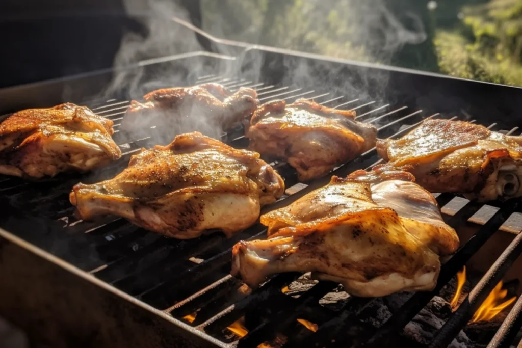 Pollo Asado grilling over open flames with marinated chicken pieces emitting a smoky aroma.