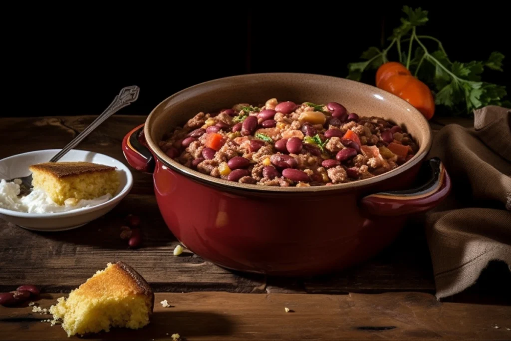 A pot of calico beans with kidney beans, ground beef, and vegetables in a rich sauce, served with golden cornbread and butter on a wooden table.