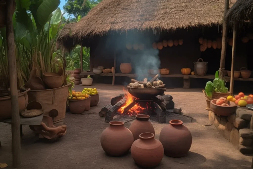 A Latin American village scene with traditional chicken grilling over open flames, surrounded by clay pots, spices, and tropical greenery.