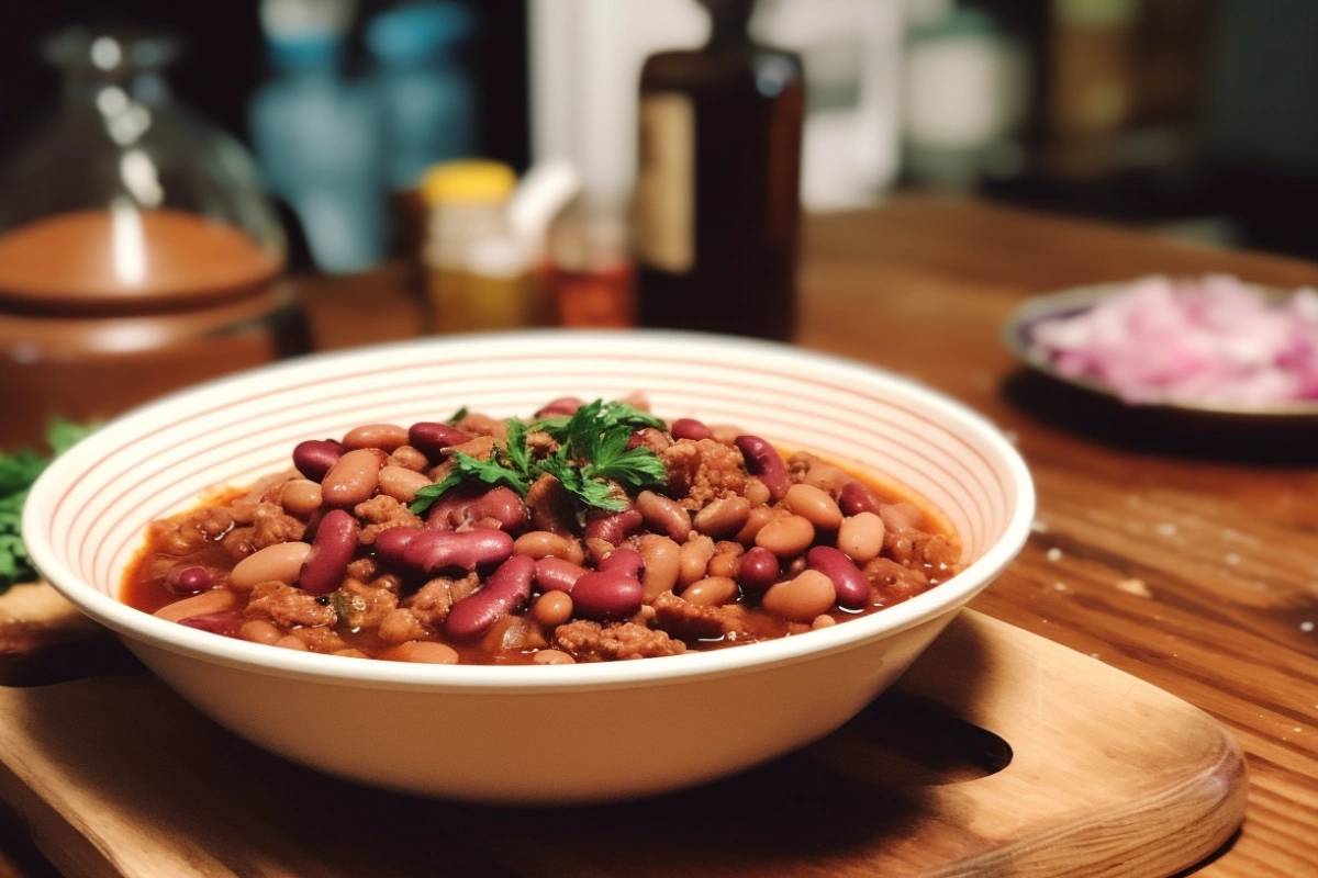 A bowl of calico beans with kidney beans, butter beans, and ground beef in a savory tomato-based sauce, garnished with fresh parsley, served on a wooden cutting board in a warm kitchen setting.