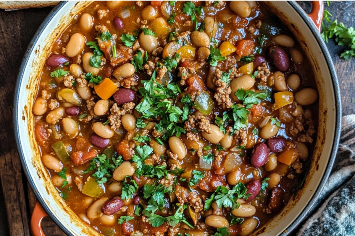 A pot of calico beans with a mix of kidney and white beans, ground beef, tomatoes, and bell peppers, garnished with fresh parsley, in a rustic Dutch oven.