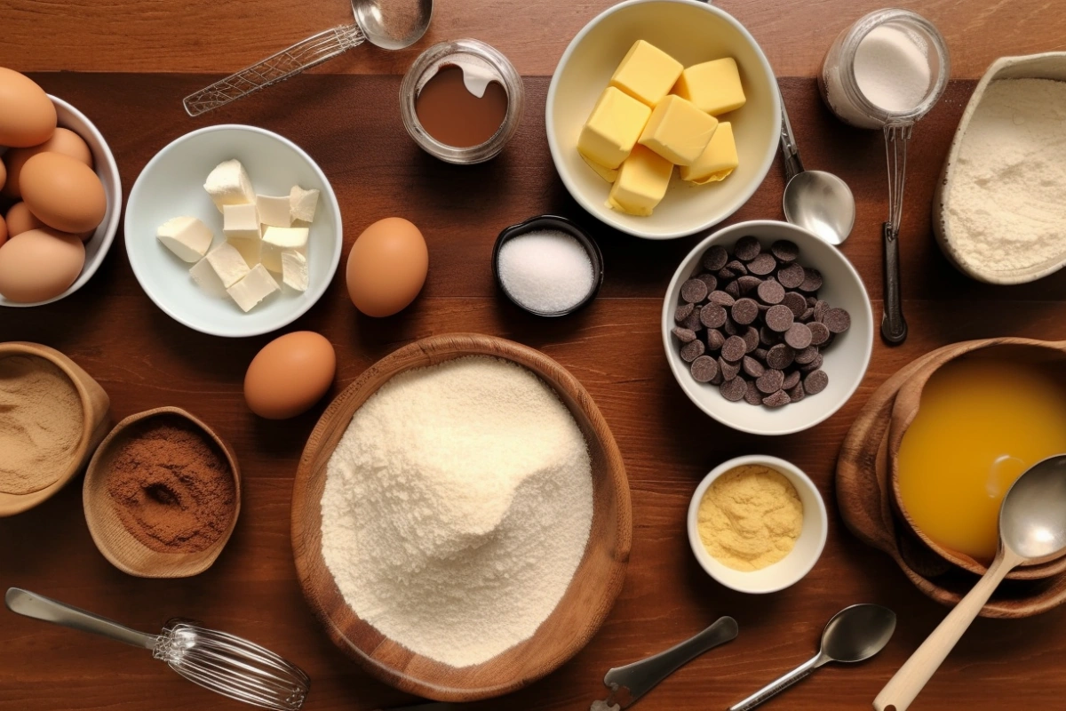 Ingredients for blondies and brookies, including brown sugar, butter, chocolate, and cookie dough, arranged on a wooden countertop.