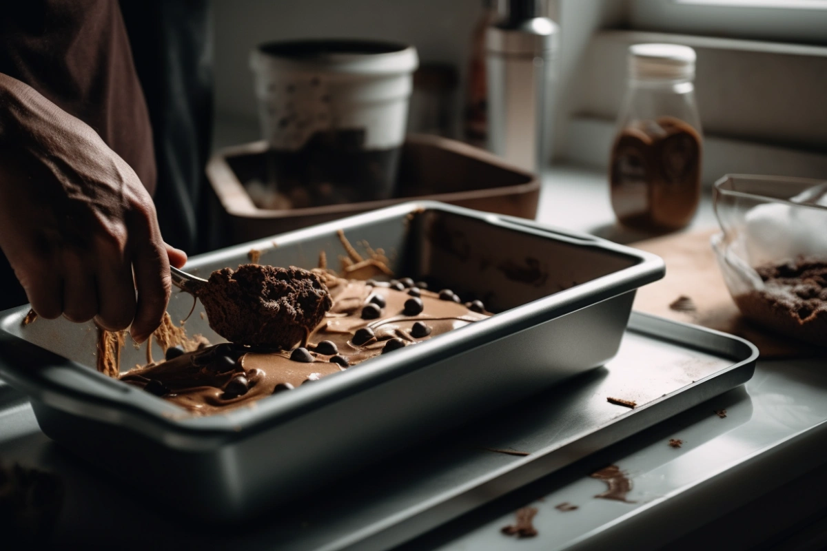 A baker spreading brownie batter into a baking pan, with cookie dough in a bowl beside it on a kitchen countertop.