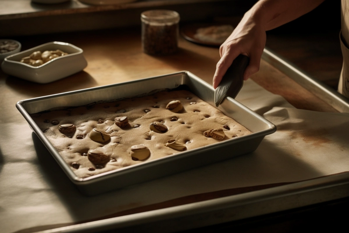 A baker spreading brownie batter into a pan, with cookie dough ready in a bowl beside it.