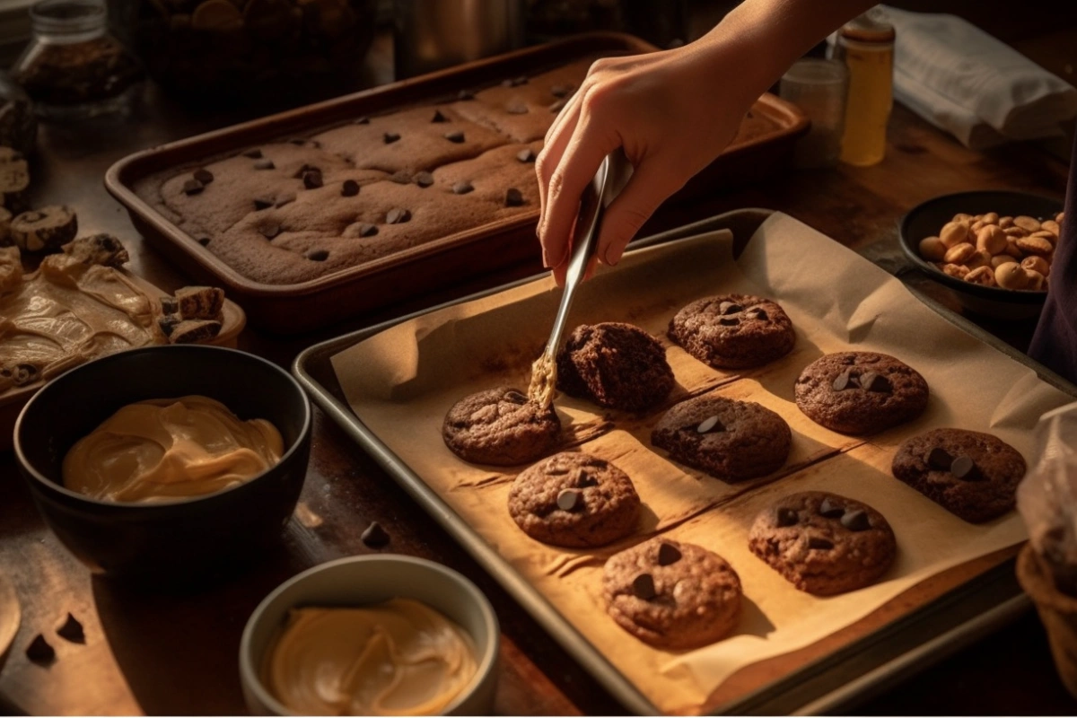 A baker spreading cookie dough over a layer of brownie batter in a baking pan lined with parchment paper.