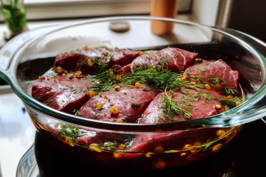 Raw venison steak marinating in a clear glass dish with herbs, garlic and olive oil.