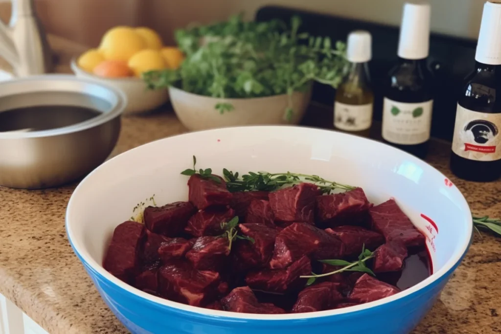 Venison cuts marinating in a red wine mixture with herbs, garlic, and juniper berries in a bowl.