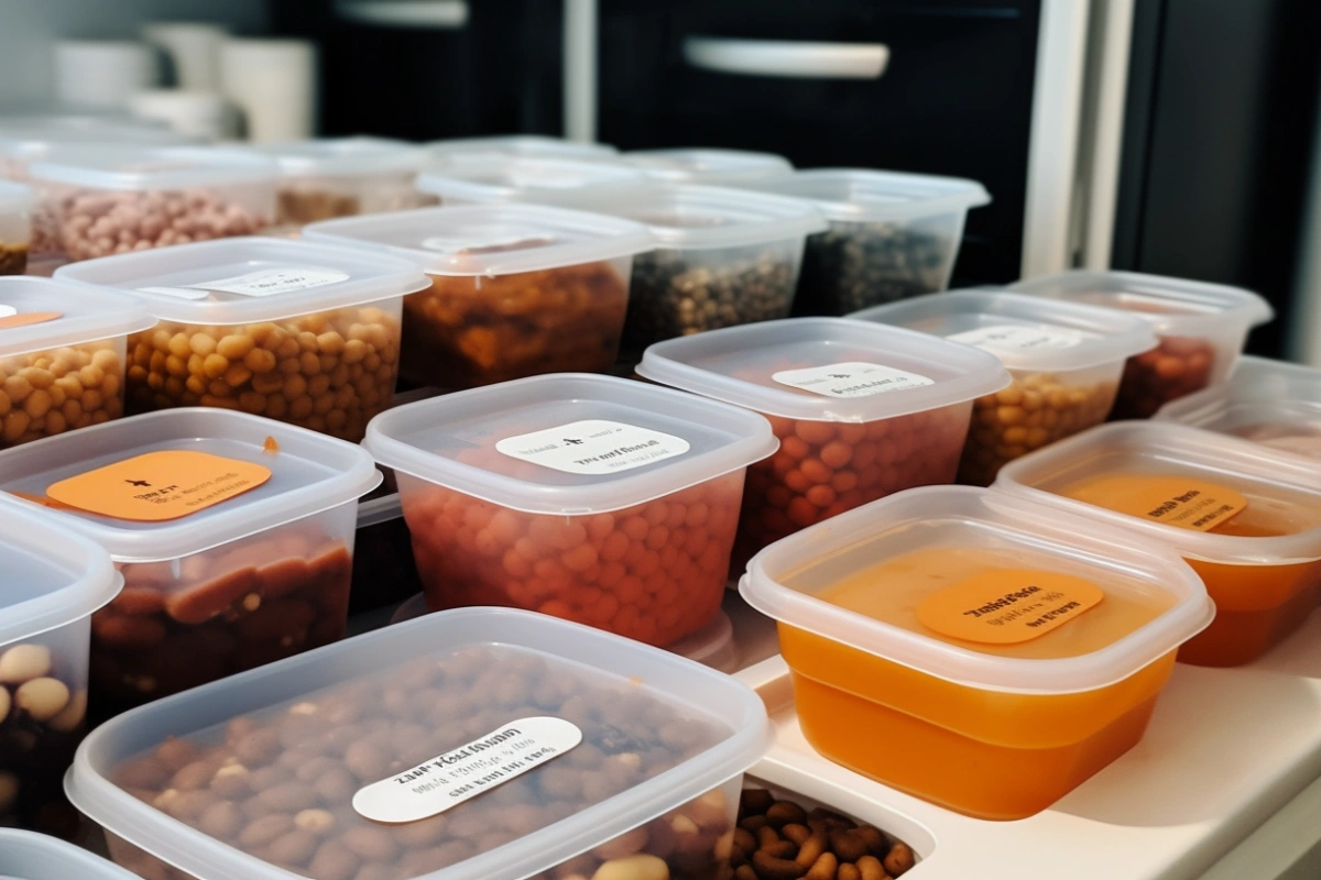 A collection of neatly arranged plastic containers filled with different types of beans, lentils, and sauces, all labeled for organized meal preparation and storage in a modern kitchen.