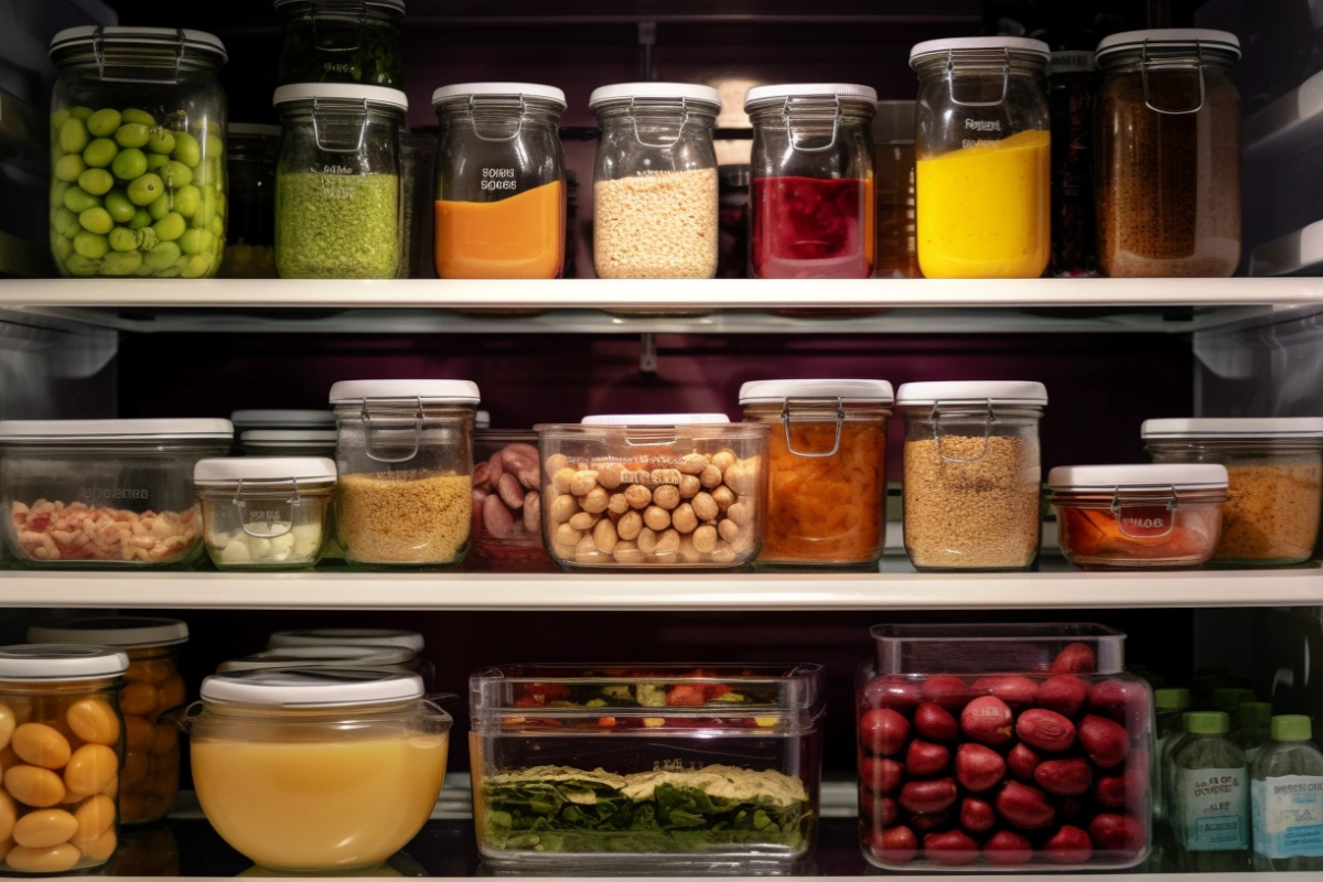 A well-organized refrigerator with neatly arranged glass jars containing a variety of fresh ingredients, including beans, grains, sauces, and vegetables, creating a clean and visually appealing kitchen storage system.