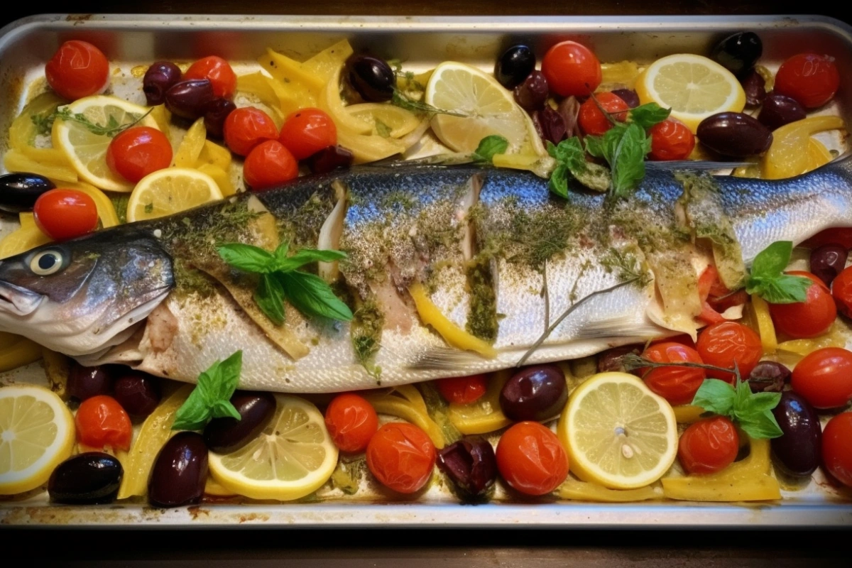 Oven-roasted branzino surrounded by colorful roasted vegetables and herbs.