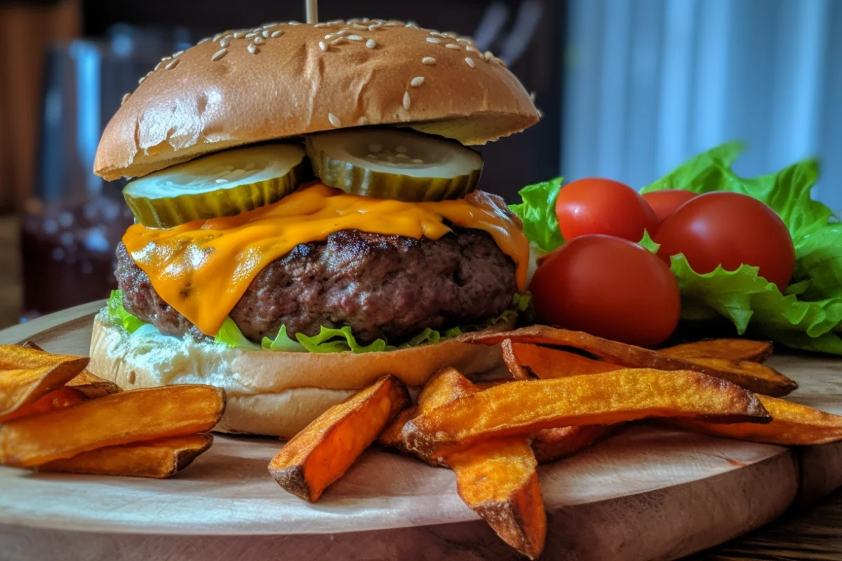 Perfectly cooked bison burger with fresh toppings and sweet potato fries on a wooden board.