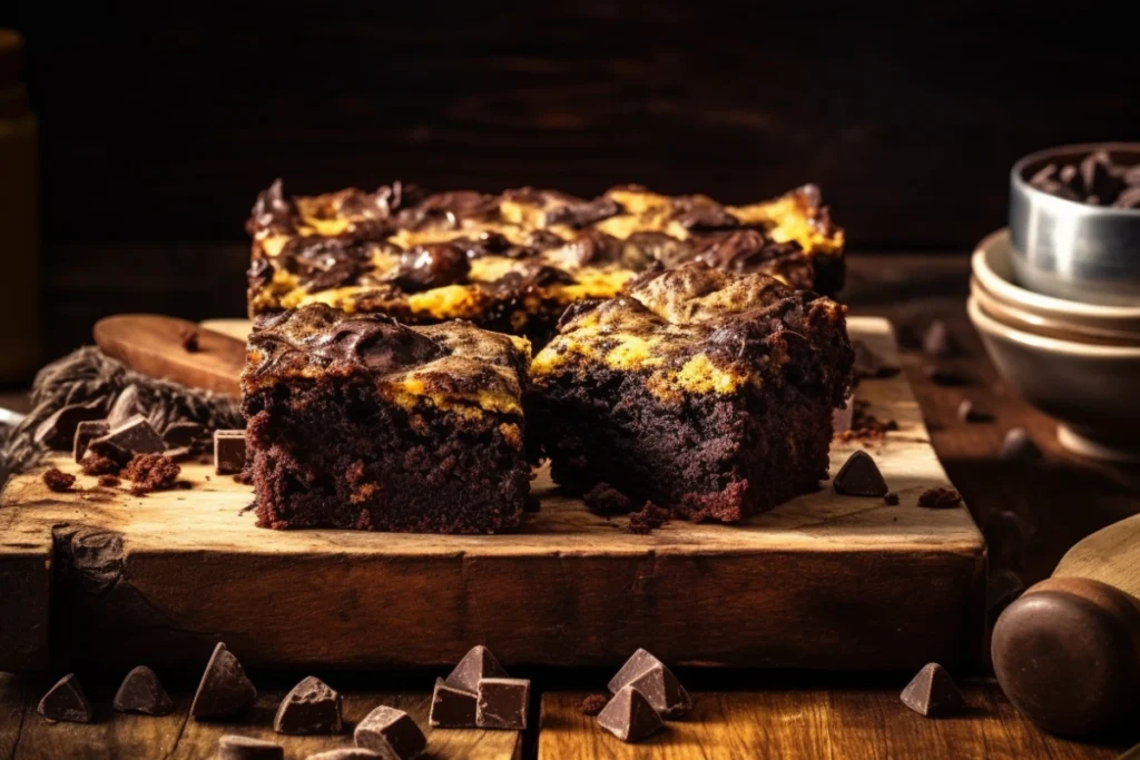 Close-up of a brookie dessert with a brownie base and cookie top, styled with chocolate chips on a rustic wooden surface.