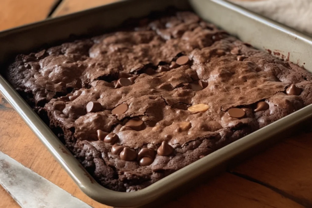 A brookie in a pan showing distinct brownie and cookie layers, styled on a wooden countertop with chocolate chips and a knife.