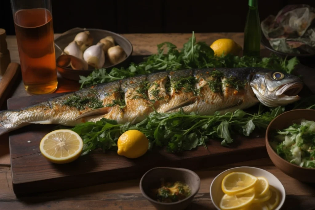 Whole roasted branzino garnished with herbs and lemon, served on a rustic platter with Mediterranean side dishes