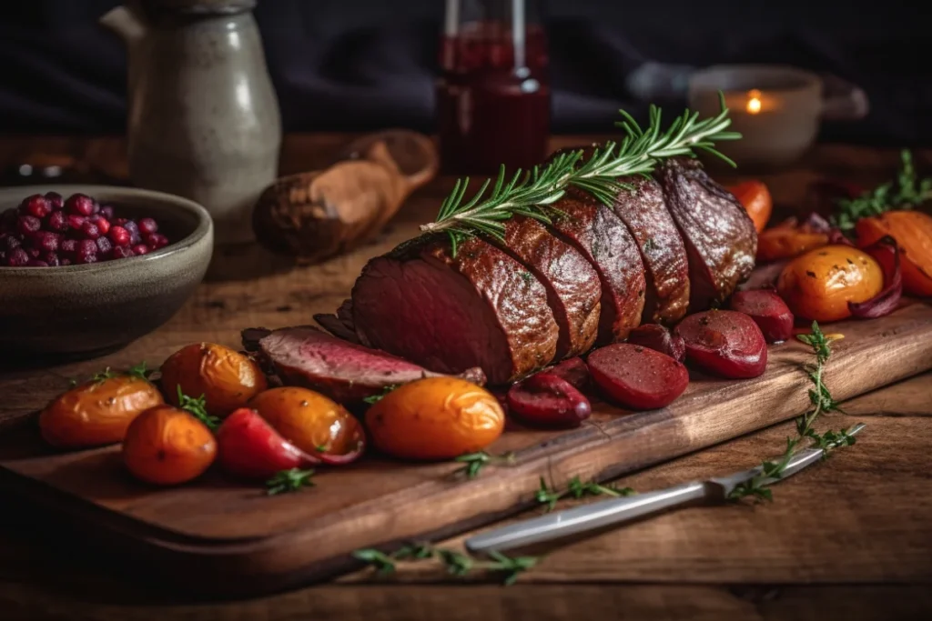 A perfectly roasted venison tenderloin with rosemary and roasted vegetables.