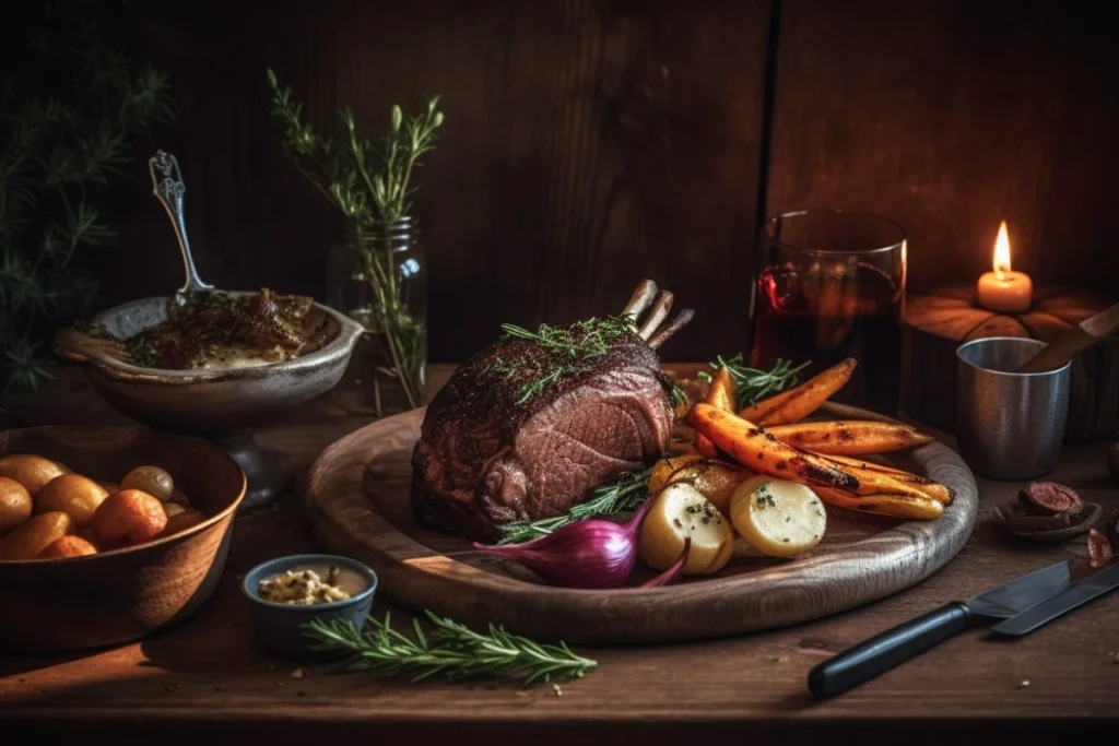 A roasted venison haunch garnished with rosemary and thyme, served with roasted root vegetables on a wooden table