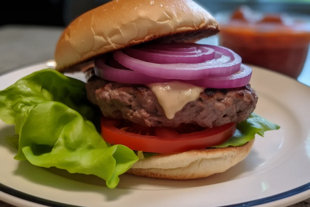 Bison burger on a brioche bun with fresh toppings and dipping sauce