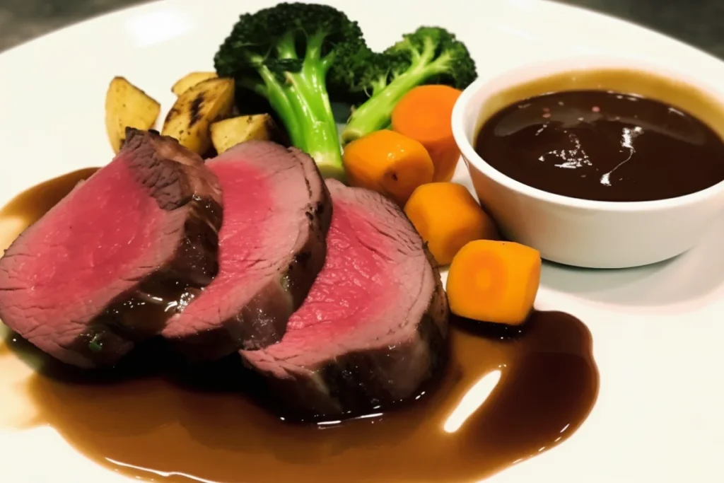 Thinly sliced venison roast served on a white plate with red wine gravy and roasted vegetables.