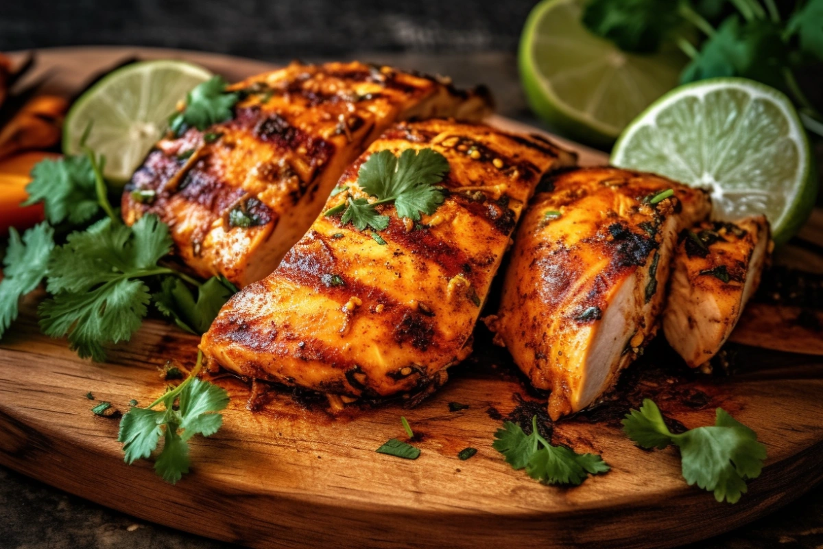 Sliced, grilled Pollo Asado chicken on a wooden board, garnished with cilantro and lime, highlighting the difference between Pollo Asada and Pollo Asado.