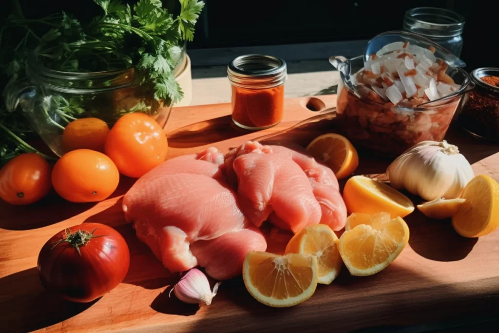 Ingredients for Pollo Asado including citrus, achiote paste, garlic, and spices on a wooden countertop.