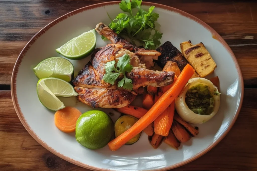 A plate of Pollo Asado with crispy skin, lime wedges, cilantro, and grilled vegetables on a rustic wooden table.