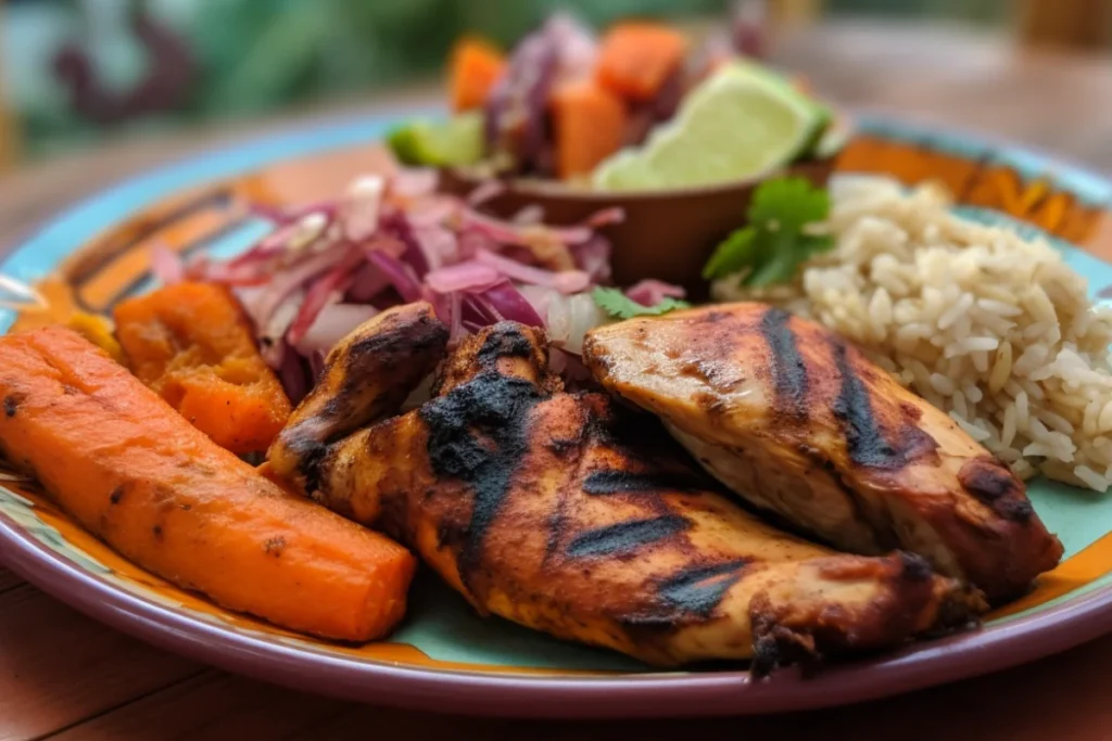 A serving of Pollo Asado with Mexican rice, refried beans, and grilled vegetables on a vibrant plate.