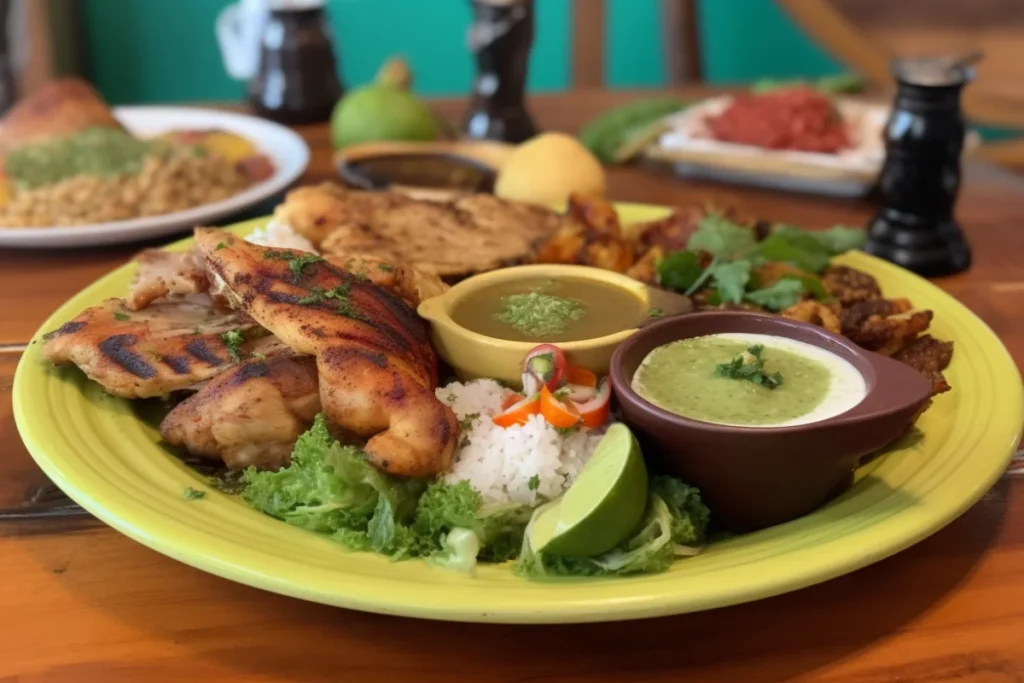 Pollo Asado served on a rustic table with fresh herbs and traditional Latin sides.