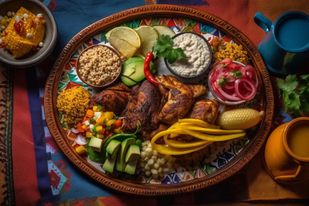 Pollo Asado served with rice, beans, tortillas, and grilled vegetables on a festive table.