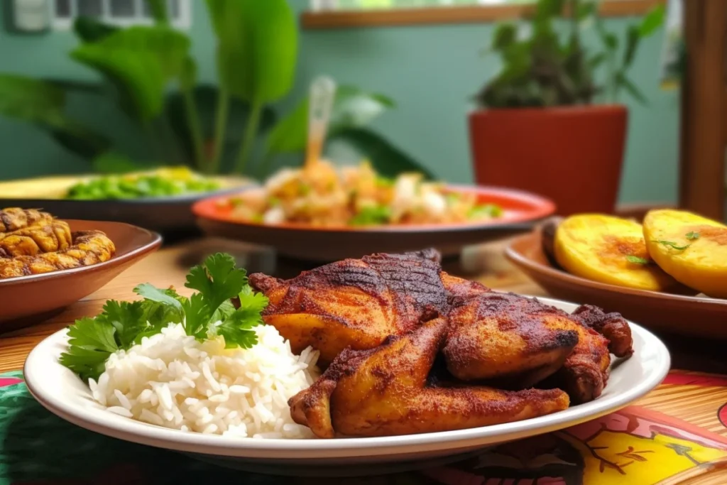 Pollo Asado served with rice, beans, tortillas, and roasted plantains on a colorful tablecloth.