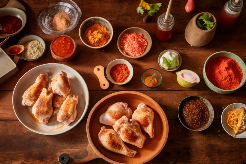 A wooden table displaying various spices, citrus, and marinated chicken pieces, illustrating the key ingredients used in Pollo Asado seasoning.