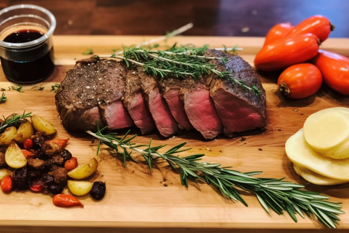 Seasoned venison roast preparation with fresh herbs and spices.