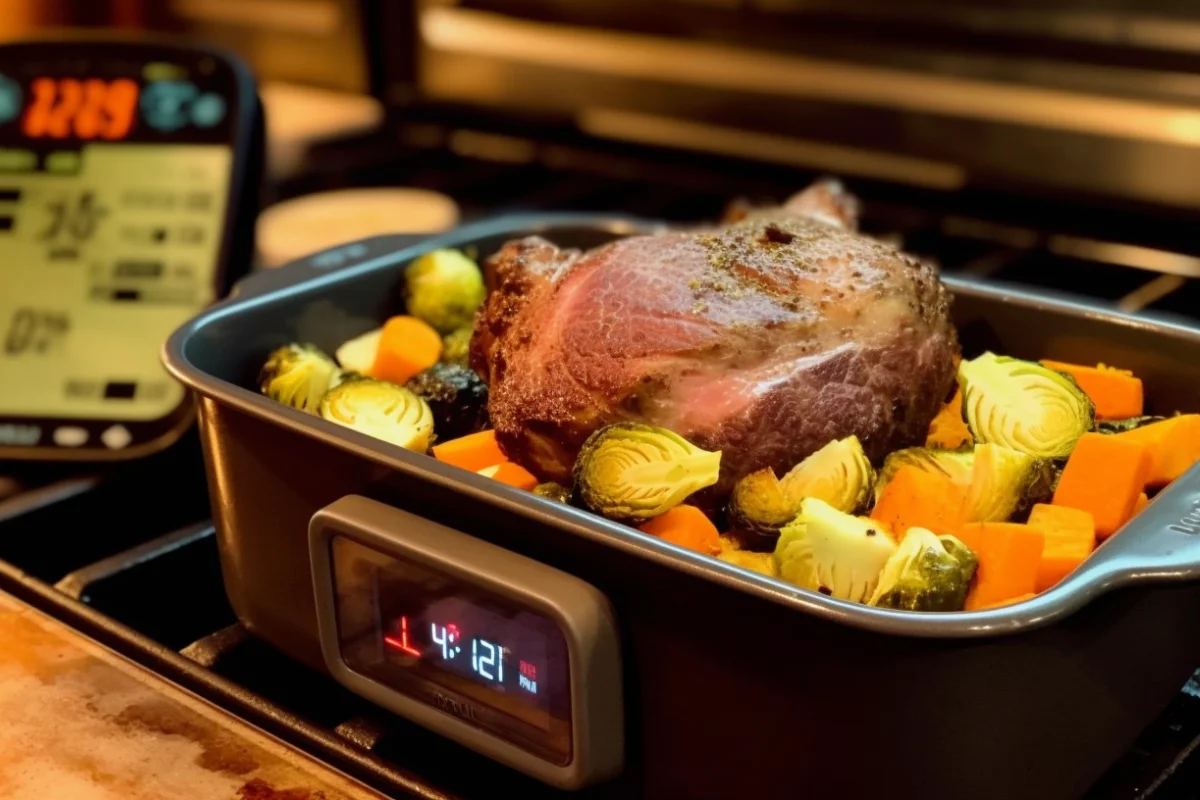 Venison roast cooking in an oven with a thermometer and vegetables.