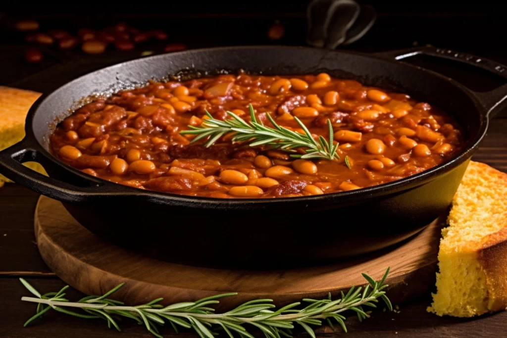 A cast iron skillet filled with thick, savory baked beans, topped with a sprig of fresh rosemary, served with slices of cornbread on a wooden board.