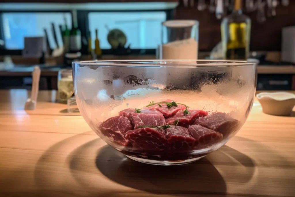 Venison soaking in saltwater solution with coarse salt and garlic.