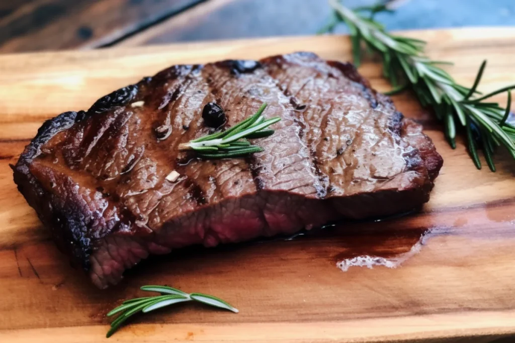 A medium-rare venison steak, seared to perfection, garnished with rosemary and olive oil.