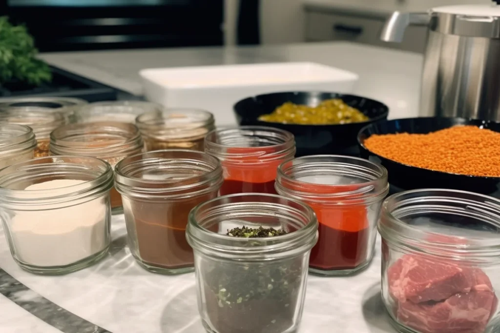 A variety of seasonings and marinades for bison meat displayed on a countertop.