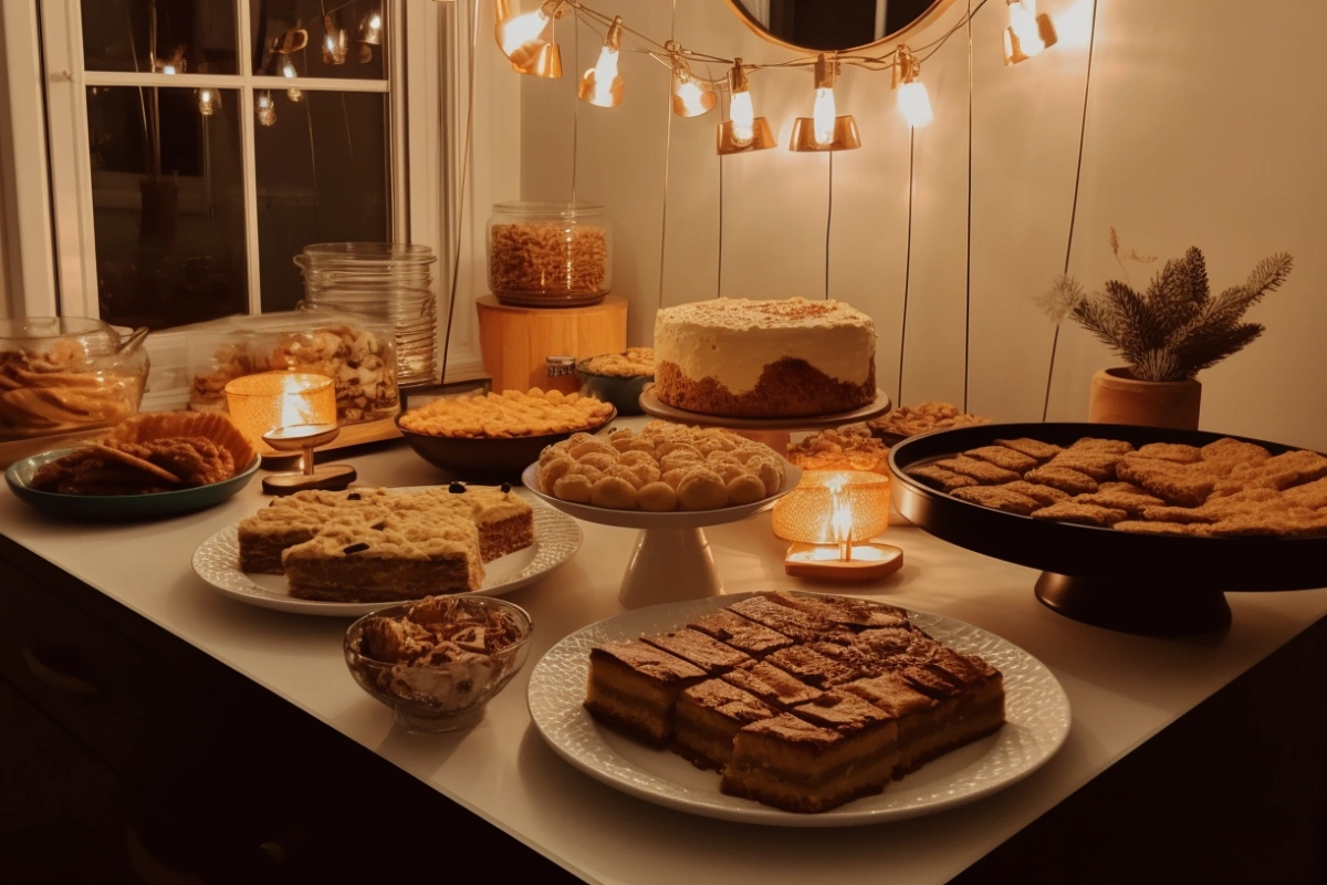 A dessert table with blondies drizzled in caramel and brookies paired with vanilla ice cream, styled for a festive occasion.