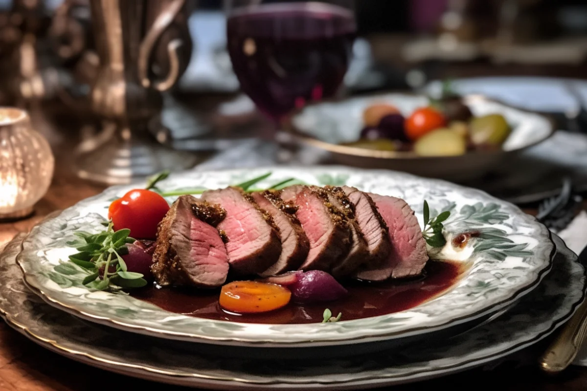 Sliced venison roast with red wine reduction and vegetables.