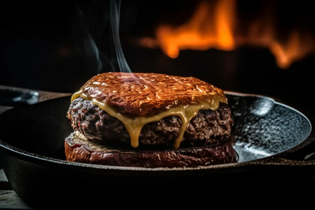 Bison burger sizzling in a cast iron skillet with a seared crust.