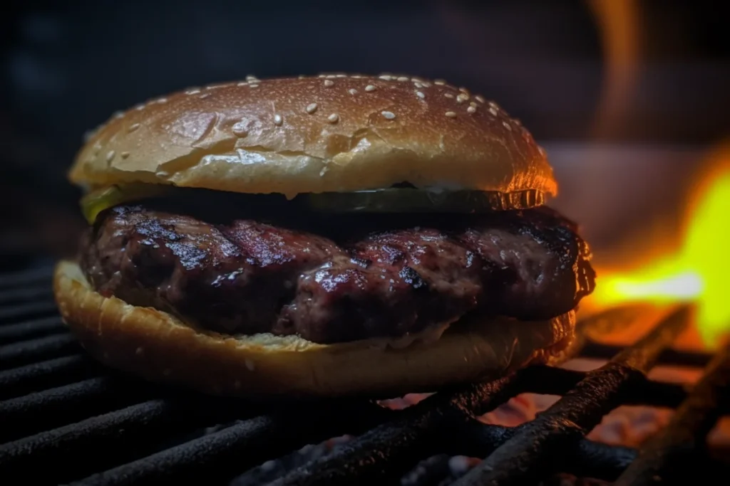 Sizzling bison burger patty on a grill with char marks and toasted buns in the background.