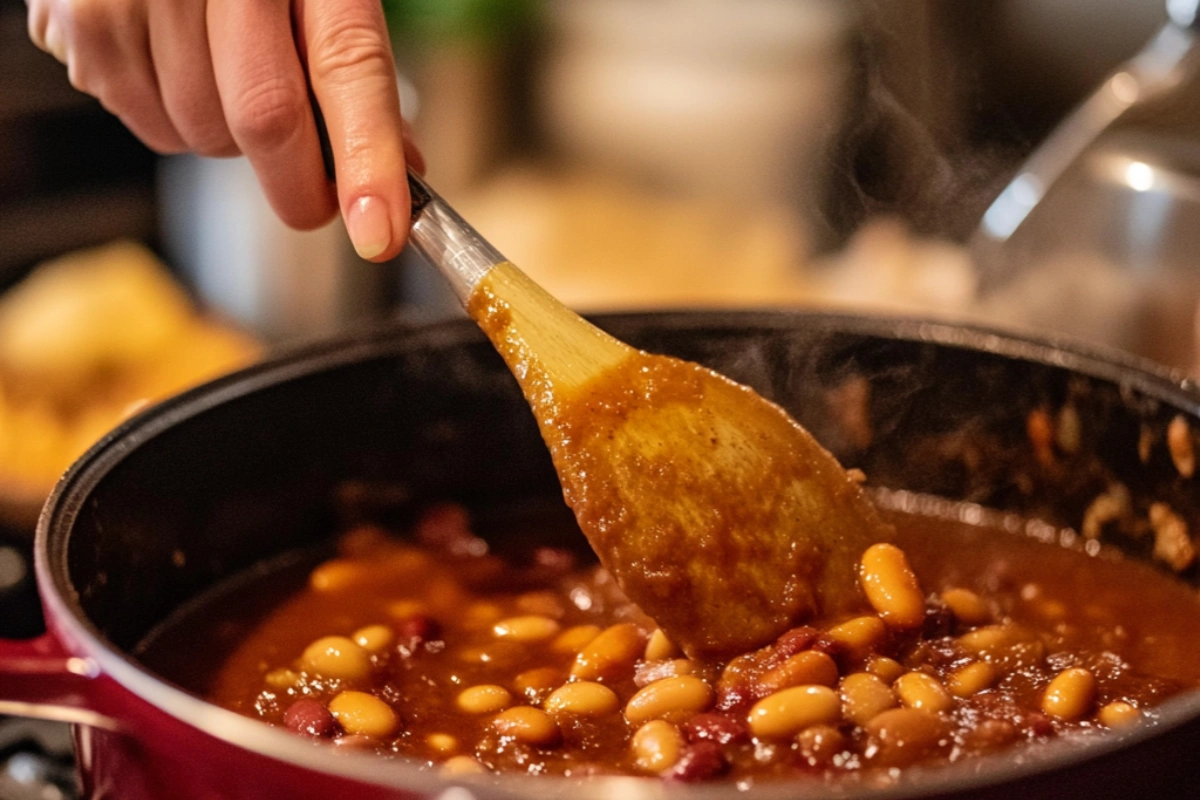 A close-up of a hand stirring a pot of calico beans with a wooden spoon, showing a rich, thick sauce with kidney and white beans in a warm kitchen setting.