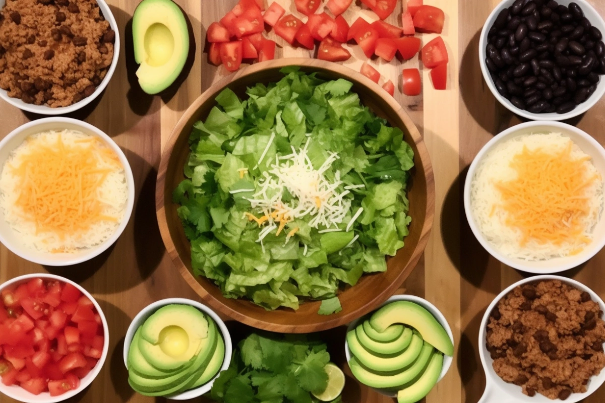  Flat-lay of taco bowl components including rice, ground beef, beans, vegetables, and garnishes.