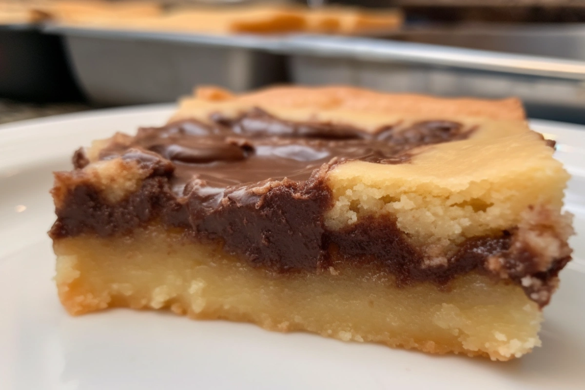 Close-up of a blondie with golden density and a brookie with distinct brownie and cookie layers on a white plate.