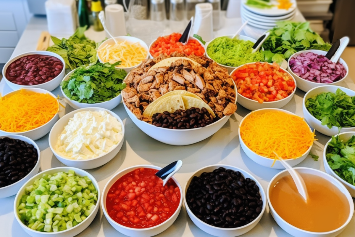 A Taco Bell bowl with various customization options including protein, bases, toppings, and sauces.