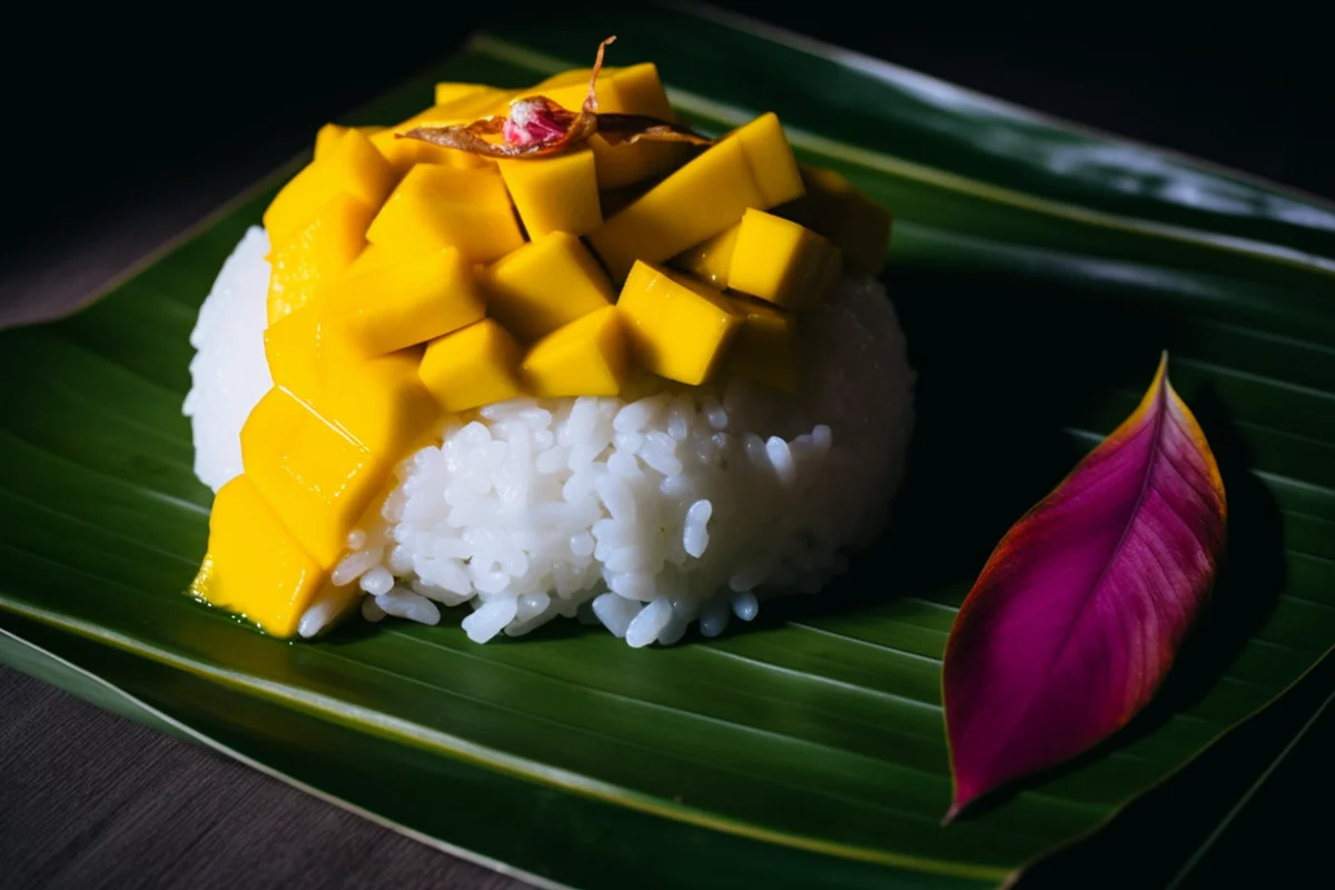 Sticky rice topped with coconut cream and mango slices on a banana leaf.