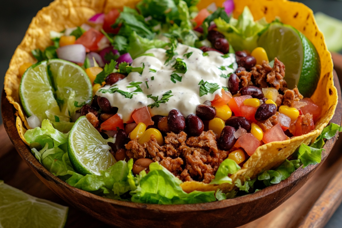 Vibrant taco salad bowl with fresh greens, beans, meat, and dressing in a crispy tortilla shell.