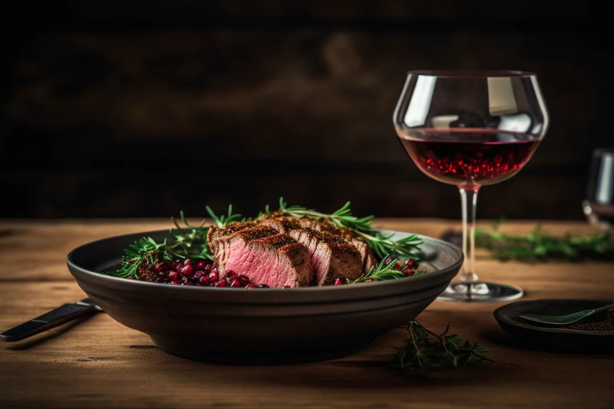 A glass of red wine paired with sliced venison roast and fresh garnishes on a wooden table.