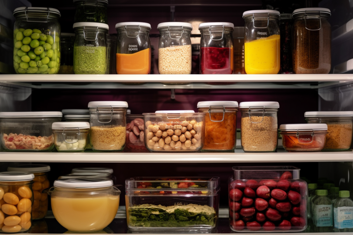 A fridge with airtight containers of calico beans, labeled with storage dates, showing organized storage.