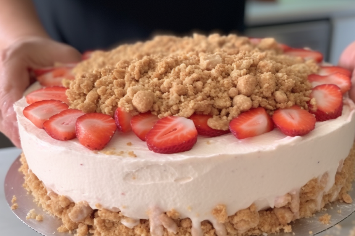 Hands assembling a strawberry crunch cake with pink frosting, golden cookie crumbs, and strawberries on a white countertop